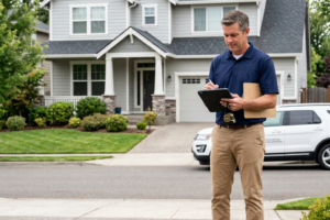 Home inspector reviewing a tablet outside a suburban house