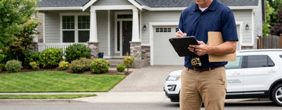 Home inspector reviewing a tablet outside a suburban house